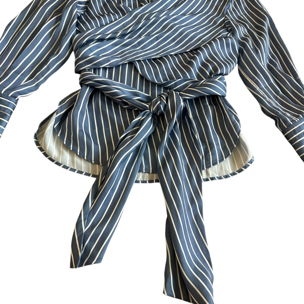 Maje Blue and White Striped Wrap Blouse - Picture 5 of 14